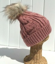 Blush Beanie Winter Ski Hat Knitted With Faux Fur Pom &amp; Plush Lining #D For Gift - £19.16 GBP