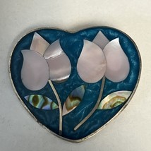 Mexico Alpaca Silver Mother ofPearl Abalone Shell Flower Heart Shaped Br... - $17.77
