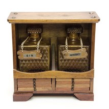 Liquor Decanter Set Amber Glass Bottle Wood Box 8 Coasters 16 oz Mid-Cen... - £43.03 GBP