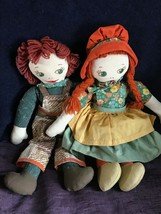 Vintage Pair Handmade Country Boy &amp; Girl w Yarn Hair &amp; Fabric Dresses Folk Art - £15.27 GBP