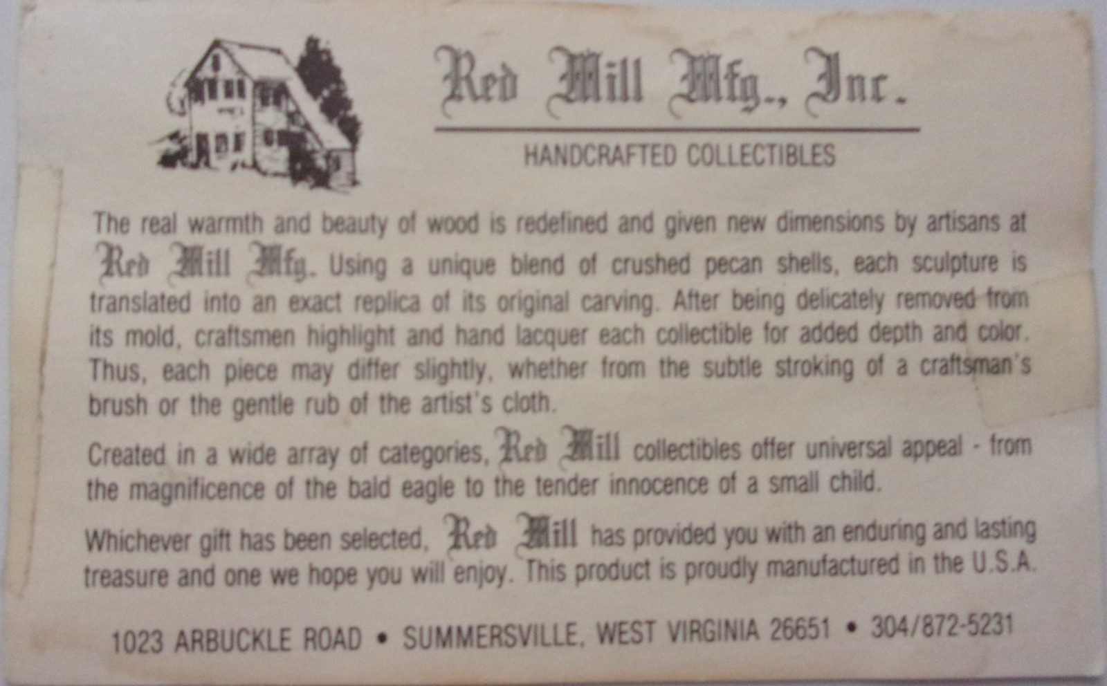 Vintage Red Mill Mfg. Inc Summersville West Virginia Business Card - $1.99