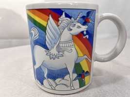 Vintage  Pegasus Rainbow Mug Embossed Japan Unicorn Grumpy Fierce Birds - $18.49