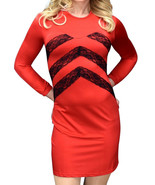 Red Chevron Bodycon Mini Dress Long Sleeve Lace Detail Stretch Party Clu... - $34.61 CAD