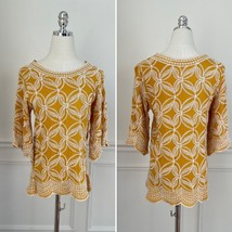 Solitaire Mustard Yellow Embroidered Tunic Southwestern Boho Top S M - $296.75 MXN