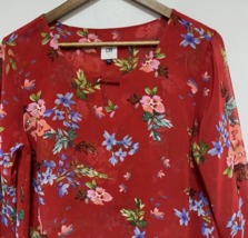 CAbi Blouse Women S Red Floral Devoted Sheer Lined Flare Sleeve Lightwei... - $39.59