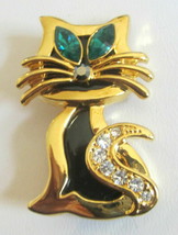 CAT Brooch Pin Modernistic Gold Tone Black Enamel Body Green Rhinestone Eyes - £18.34 GBP