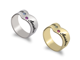 BIRTHSTONE RING WITH TO ENGRAVED NAMES: STERLING SILVER, 24K GOLD, ROSE ... - £102.22 GBP