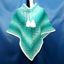 Granny Stitch Poncho in Green with White Trim and Tie String by Mumsie o... - $40.00