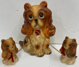 Vintage Ceramic/Bisque Pekingese Mom Dog and 2 Puppies on Chains - $20.90
