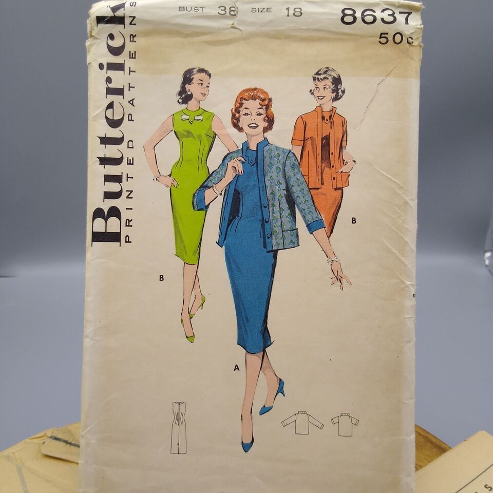 Vintage Sewing PATTERN Butterick 8637, Junior and Misses 1958 Sheath Ensemble Dr - £24.34 GBP