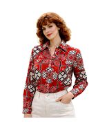 VTG 1970s Red Geometric Button Blouse Psychedelic Mod Floral Print M-L - $69.25