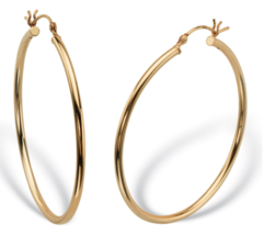 POLISHED TUBULAR HOOP EARRINGS IN 18K GOLD TONE STERLING SILVER 1 5/8&quot; - £94.38 GBP