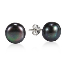 Elegant Round Black Pearl Sterling Silver Stud Earrings-10mm - £14.52 GBP