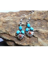 Turquoise Wildflower Drop Earrings 925 Sterling Silver, Handmade Stone E... - £86.52 GBP