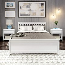Solid Wood Platform Headboard And Plank Beam Queen Bed Frame, White. - £261.17 GBP