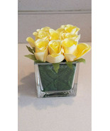 Beautiful Artificial Table Top Decor Yellow Rose Buds In A Square Glass ... - £23.32 GBP