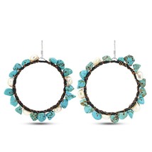 Stylish Bohemian Turquoise &amp; White Pearls Sterling Silver Dangle Earrings - £11.07 GBP