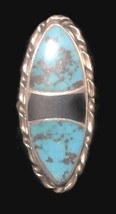 Navajo Long Turquoise Onyx Ring Vintage Southwest Sterling Silver Size 6.25 - £92.57 GBP