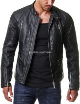 Men&#39;s Soft Quilted Pure Lambskin Leather Jacket Black Motorcycle Handmad... - $108.70+