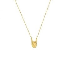 14K Solid Yellow Gold Mini Small Rock on Hand Gesture Necklace - Adjust 16&quot;-18&quot; - £124.67 GBP