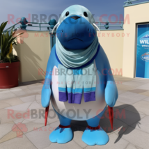 Blue Walrus mascot costume character dressed with a Bermuda Shorts and Scarf cli - £933.66 GBP