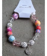Multicolor Beaded Bracelet Rhinestone Heart Charm Stretch Elastic Womens... - £4.68 GBP