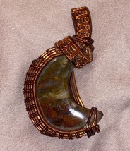 Necklace Pendant Moon Browm Jasper Stone Crystal Wrapped W/ Copper Wire 2.5” H - £7.56 GBP