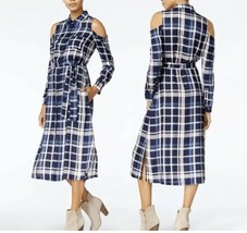 NWT NEW Maison Jules plaid blue Munich Midi dress cold shoulder boho chi... - $365.81 MXN