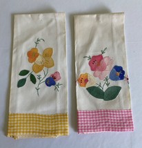 Vintage 1950&#39;s Mid Century Embroidered Tea Towels Pink &amp; Yellow Gingham Trim - £7.92 GBP