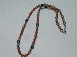 Estate Orange &amp; Blue with Carved Silvertone Rose Bead Necklace – 20 inches long  - £9.69 GBP