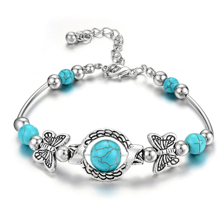 Bohemian Silver Color Blue Stone Open Bangle Women Vintage Jewelry Indian Cuff B - £15.06 GBP