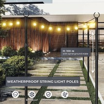 String Light Poles for Outside 2 Pack, 100&quot; Metal Stand Pole w Hooks NEW - £34.07 GBP