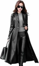Halloween Lambskin Leather Long Trench Coat Stylish BLACK Women Handmade Formal - £132.38 GBP