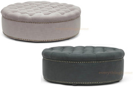 Linen Round Tufted Ottoman Modern Beige Or Dark Gray Foot Stool Brass Tack Nail - £283.99 GBP+