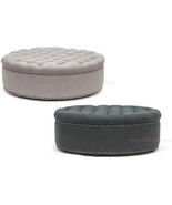 Linen Round Tufted Ottoman Modern Beige Or Dark Gray Foot Stool Brass Ta... - $502.52 CAD+