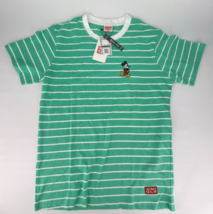 Uniqlo Mickey Mouse T Shirt Medium Embroidered Green White Stripe Slim Fit Short - £14.35 GBP