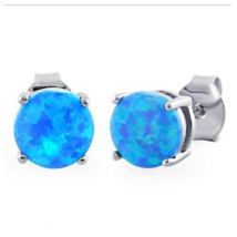 Round Australian Blue Opal Stone Stud Earrings Solid 925 Sterling Silver - £13.62 GBP