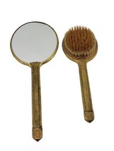 Antique Brass &amp; Celluloid Bakelite Vanity Beveled Hand Mirror and Brush Set - £22.66 GBP