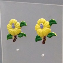 Unique Yellow Flower Earrings, Vintage Cheery Enamel Studs - $25.16