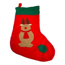 Vintage Christmas Reindeer Stocking Red And Green Felt 16” Kid Baby Child - £10.32 GBP