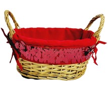 Gold Wicker Basket Beaded Red Velvet Liner Christmas Holiday Double Handle - $14.83
