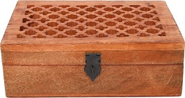 Mango Wood Decorative Wooden Box with Hinged Lid in Jali Carvings, box - £68.31 GBP