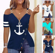 Summer  Elegant Printed Zipper V Neck Off Shoulder Shirt - $32.95