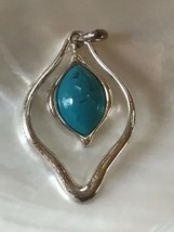 Estate Large Silvertone Open Pinched Oval w Turquoise Plastic Cab Charm ... - $8.59
