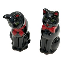 Black Cats Salt &amp; Pepper Set Ceramic Green Eyes Red Bow Cork In Vintage 60s - £33.54 GBP