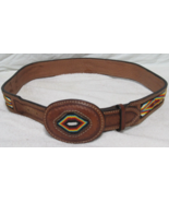 Native American Brown Leather Beaded Belt &amp; Buckle 38&quot; - $98.99