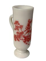 Vintage Milk Glass Pedestal Mug Red Toile Scene Colonial Couple Footed Cup - $16.20