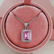 2Ct Emerald Cut CZ Pink Sapphire Halo Pendent 14k White Gold Plated 18&quot;Chain - £110.76 GBP