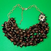 Vintage Brown Chunky Bib Style Wood &amp; Plastic Bead 2 Strand Necklace - $13.50