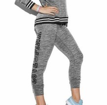 S Victoria&#39;s Secret Pink Gym Pants Heather Marled Gray Bling Black Skinny Jogger - £27.96 GBP